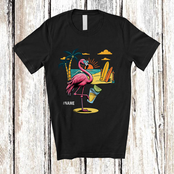 MacnyStore - Personalized Custom Name Flamingo Drinking Tequila; Cheerful Summer Vacation Alcohol Drunker T-Shirt