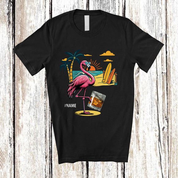 MacnyStore - Personalized Custom Name Flamingo Drinking Whiskey; Cheerful Summer Vacation Alcohol Drunker T-Shirt
