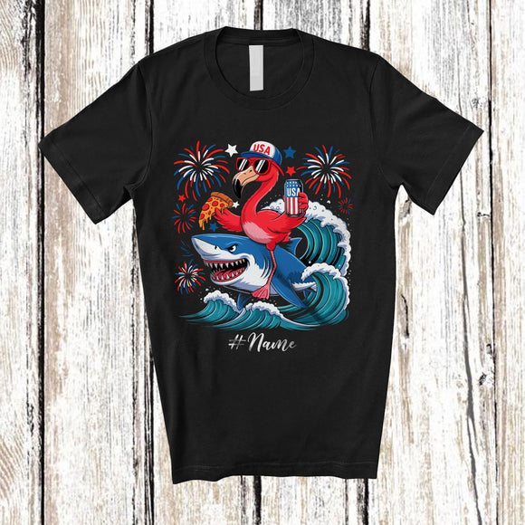 MacnyStore - Personalized Custom Name Flamingo Riding Shark Drinking Eat Pizza; Lovely 4th Of July Patriotic T-Shirt