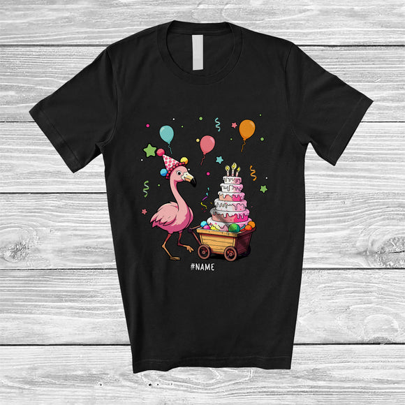 MacnyStore - Personalized Custom Name Flamingo with Cake; Lovely Birthday Party Animal Lover T-Shirt