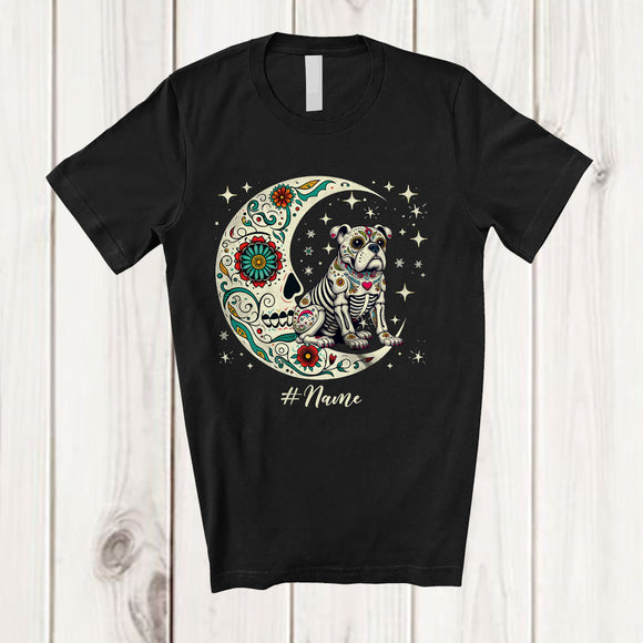 MacnyStore - Personalized Custom Name Floral Moon Skeleton Bulldog; Scary Dia De Los Muertos Halloween T-Shirt