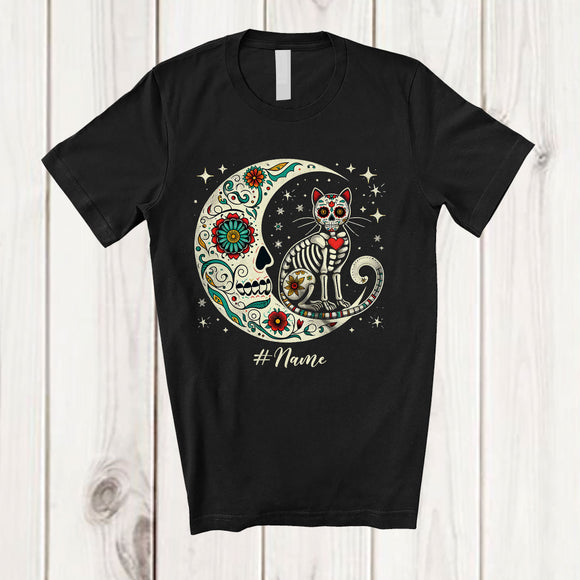MacnyStore - Personalized Custom Name Floral Moon Skeleton Cat; Scary Dia De Los Muertos Halloween T-Shirt