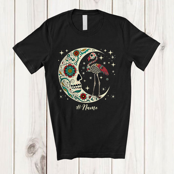 MacnyStore - Personalized Custom Name Floral Moon Skeleton Flamingo; Scary Dia De Los Muertos Halloween T-Shirt