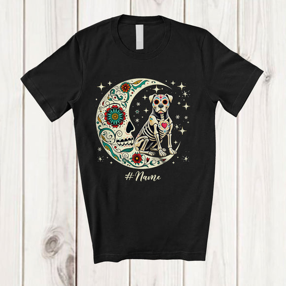 MacnyStore - Personalized Custom Name Floral Moon Skeleton Pit Bull; Scary Dia De Los Muertos Halloween T-Shirt