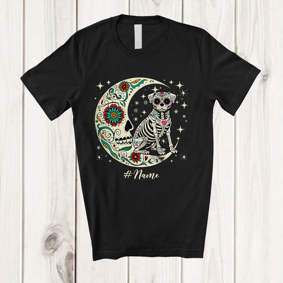 MacnyStore - Personalized Custom Name Floral Moon Skeleton Pug; Scary Dia De Los Muertos Halloween T-Shirt