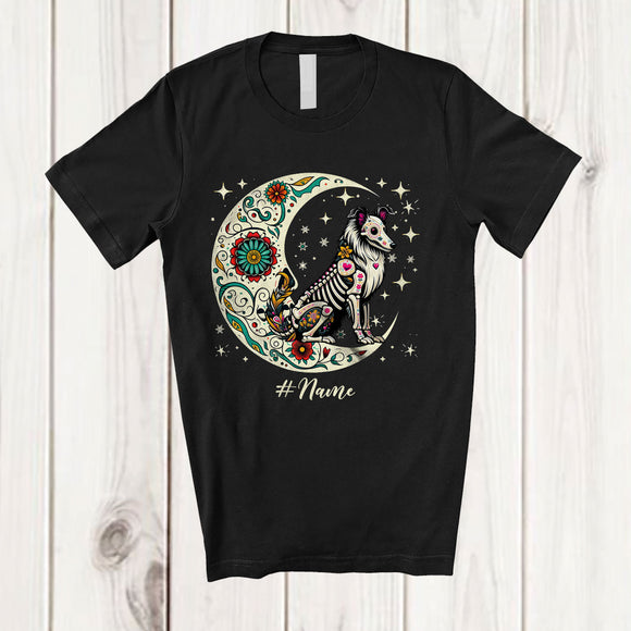 MacnyStore - Personalized Custom Name Floral Moon Skeleton Shelties; Scary Dia De Los Muertos Halloween T-Shirt