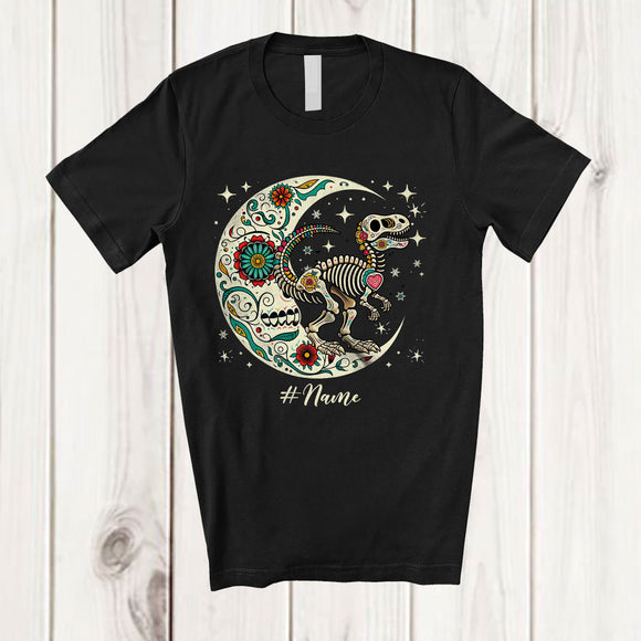 MacnyStore - Personalized Custom Name Floral Moon Skeleton T-Rex; Scary Dia De Los Muertos Halloween T-Shirt