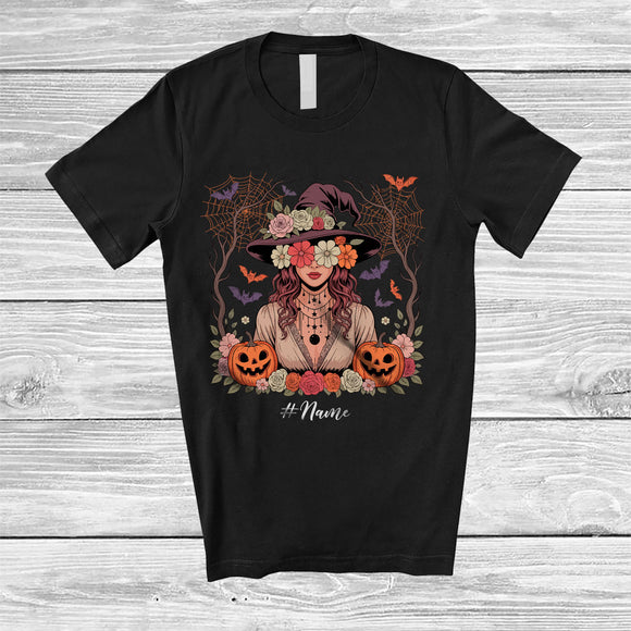 MacnyStore - Personalized Custom Name Floral Witch Women Girl; Lovely Halloween Witch Face Cosplay T-Shirt
