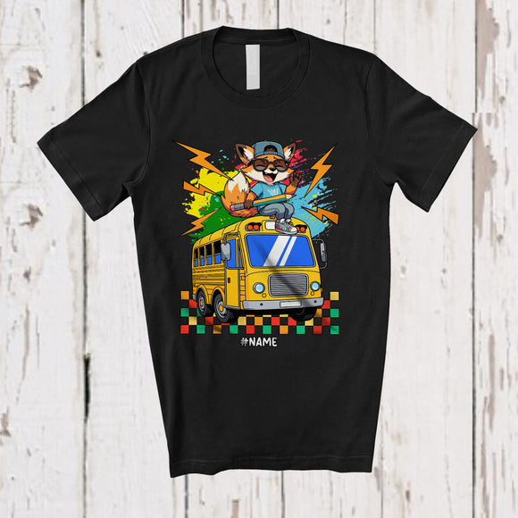 MacnyStore - Personalized Custom Name Fox On School Bus; Amusing Back To School Bus Driver Teacher T-Shirt
