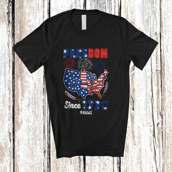 MacnyStore - Personalized Custom Name Freedom Since 1776; Humorous 4th of July American Flag Map; Patriotic T-Shirt