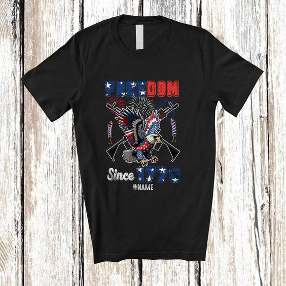 MacnyStore - Personalized Custom Name Freedom Since 1776; Humorous 4th of July Eagle Gun; Patriotic T-Shirt