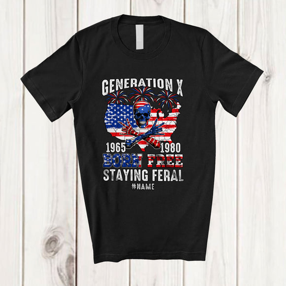 MacnyStore - Personalized Custom Name Generation X Born Free Staying Feral; Proud 4th Of July Skull; Patriotic T-Shirt