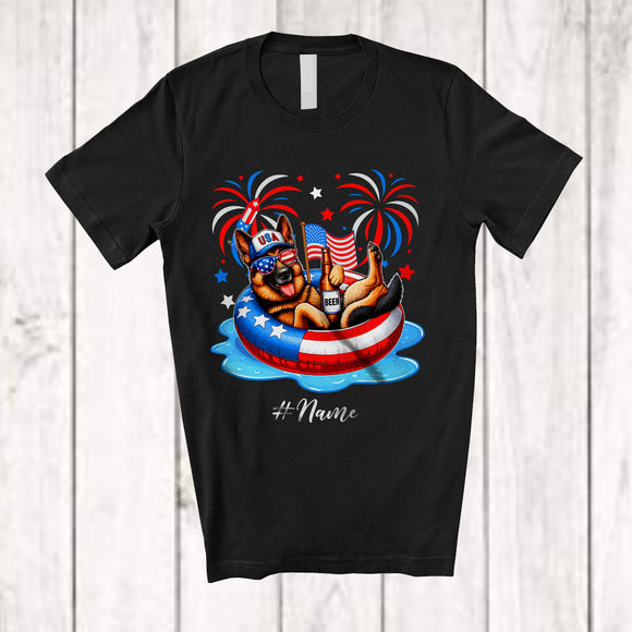 MacnyStore - Personalized Custom Name German Shepherd Drinking On Float Beach; Joyful 4th Of July Patriotic T-Shirt