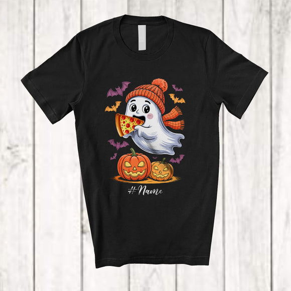 MacnyStore - Personalized Custom Name Ghost Boo Eating Pizza; Joyful Halloween Costume Food Lover; Family T-Shirt