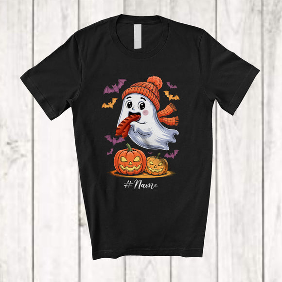 MacnyStore - Personalized Custom Name Ghost Boo Eating Sausage; Joyful Halloween Costume Food Lover; Family T-Shirt