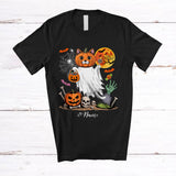 MacnyStore - Personalized Custom Name Ghost Cat Pumpkin Face; Humorous Halloween Costume Animal T-Shirt