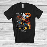 MacnyStore - Personalized Custom Name Ghost T-Rex On Monster Truck; Joyful Halloween Boo Dinosaur T-Shirt
