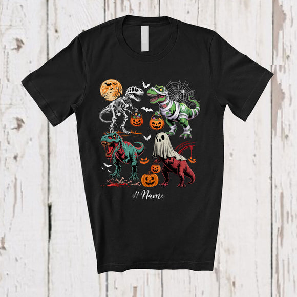 MacnyStore - Personalized Custom Name Ghost Zombie Mummy Skeleton T-Rex; Humorous Halloween Dinosaur T-Shirt