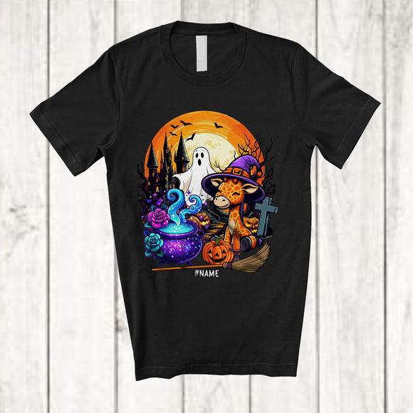 MacnyStore - Personalized Custom Name Giraffe Witch; Creepy Halloween Moon Boo Ghost Wild Animal Lover T-Shirt