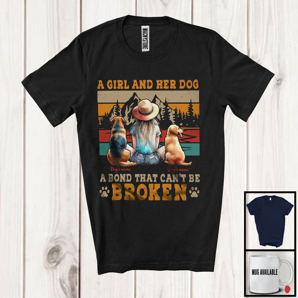 MacnyStore - Personalized Custom Name Girl And Her Dog Bond Can't Be Broken, Cute Mother's Day 2 Puppies Owner T-Shirt