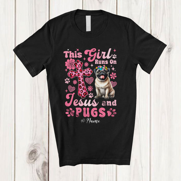 MacnyStore - Personalized Custom Name Girl Runs On Jesus And Pugs; Lovely Mother's Day Animal Family T-Shirt