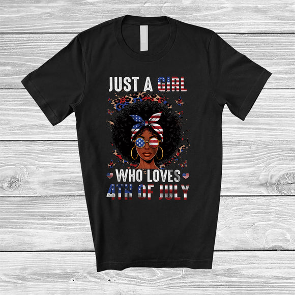 MacnyStore - Personalized Custom Name Girl Who Loves 4th Of July; Lovely Leopard Afro Women US Flag T-Shirt