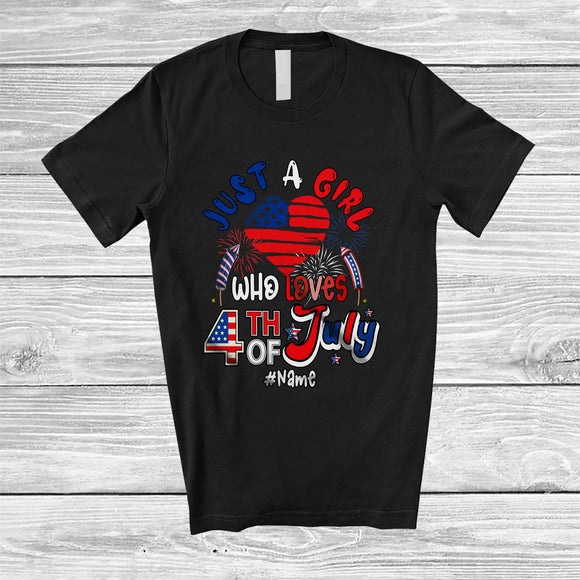 MacnyStore - Personalized Custom Name Girl Who Loves 4th Of July; Proud American Flag Heart Shape; Patriotic T-Shirt