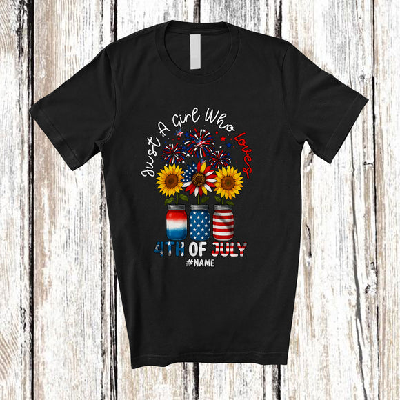 MacnyStore - Personalized Custom Name Girl Who Loves 4th of July; Lovely Three Sunflowers In Bottle; Gardener T-Shirt