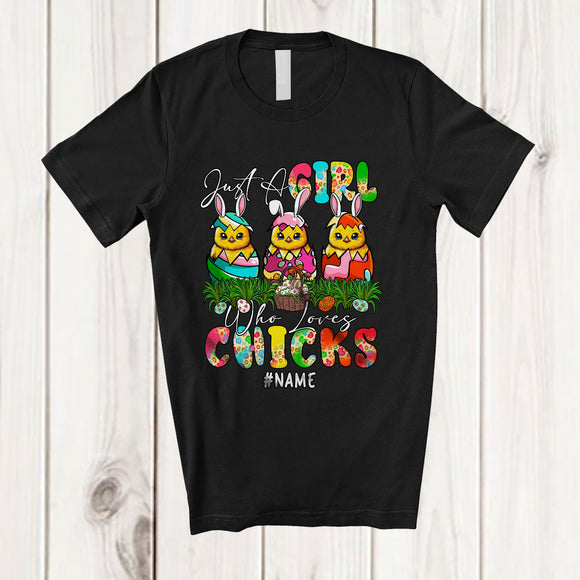 MacnyStore - Personalized Custom Name Girl Who Loves Chicks; Amazing Easter Three Bunny Chicks; Leopard T-Shirt