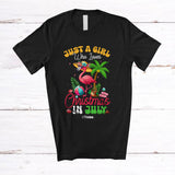 MacnyStore - Personalized Custom Name Girl Who Loves Christmas In July; Lovely Summer Vacation Flamingo T-Shirt