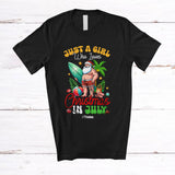 MacnyStore - Personalized Custom Name Girl Who Loves Christmas In July; Lovely Summer Vacation Santa T-Shirt