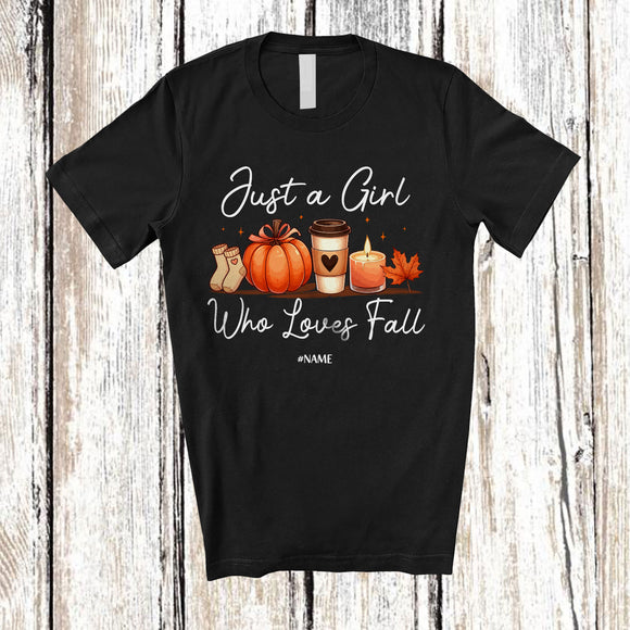 MacnyStore - Personalized Custom Name Girl Who Loves Fall; Amazing Thanksgiving Collection Pumpkin Coffee T-Shirt