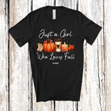 MacnyStore - Personalized Custom Name Girl Who Loves Fall; Amazing Thanksgiving Collection Pumpkin Coffee T-Shirt