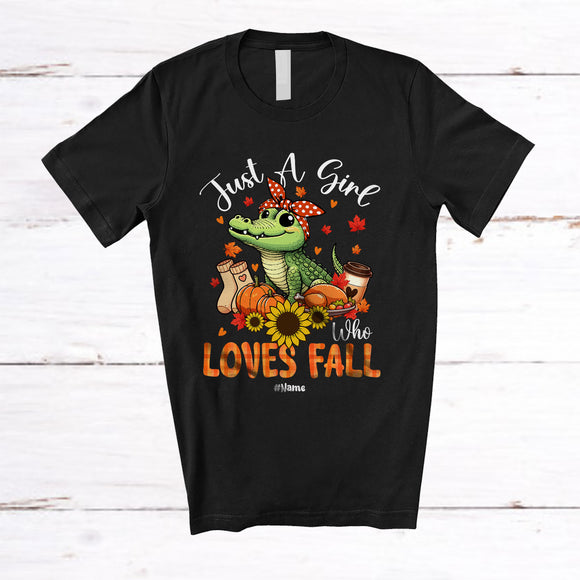 MacnyStore - Personalized Custom Name Girl Who Loves Fall; Lovely Thanksgiving Alligator Sunflower Pumpkin T-Shirt