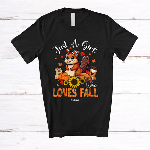 MacnyStore - Personalized Custom Name Girl Who Loves Fall; Lovely Thanksgiving Beaver Sunflower Pumpkin T-Shirt