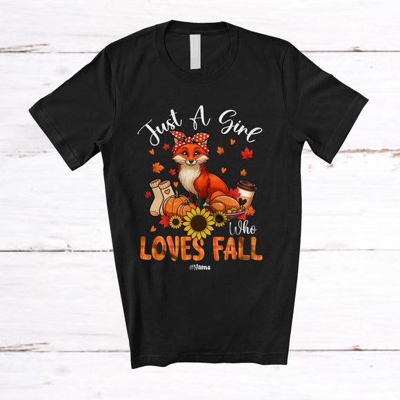 MacnyStore - Personalized Custom Name Girl Who Loves Fall; Lovely Thanksgiving Fox Sunflower Pumpkin T-Shirt