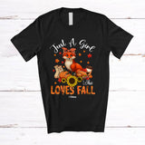 MacnyStore - Personalized Custom Name Girl Who Loves Fall; Lovely Thanksgiving Fox Sunflower Pumpkin T-Shirt