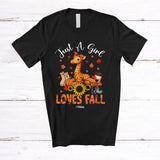MacnyStore - Personalized Custom Name Girl Who Loves Fall; Lovely Thanksgiving Giraffe Sunflower Pumpkin T-Shirt