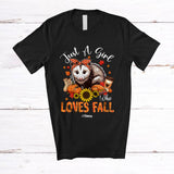 MacnyStore - Personalized Custom Name Girl Who Loves Fall; Lovely Thanksgiving Opossum Sunflower Pumpkin T-Shirt