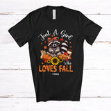 MacnyStore - Personalized Custom Name Girl Who Loves Fall; Lovely Thanksgiving Raccoon Sunflower Pumpkin T-Shirt