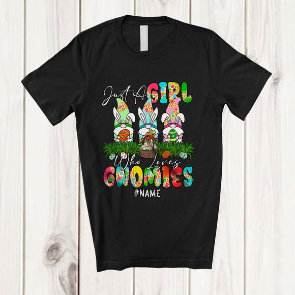 MacnyStore - Personalized Custom Name Girl Who Loves Gnomies; Amazing Easter Three Bunny Gnomes; Leopard T-Shirt