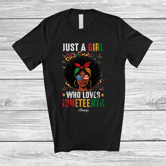 MacnyStore - Personalized Custom Name Girl Who Loves Juneteenth; Lovely Leopard Afro Women Sunglasses T-Shirt