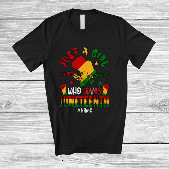 MacnyStore - Personalized Custom Name Girl Who Loves Juneteenth; Proud Afro Black African Maps Melanin T-Shirt