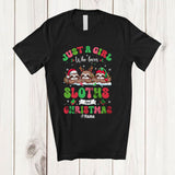 MacnyStore - Personalized Custom Name Girl Who Loves Sloths Christmas; Amazing X-mas Snow Lights T-Shirt