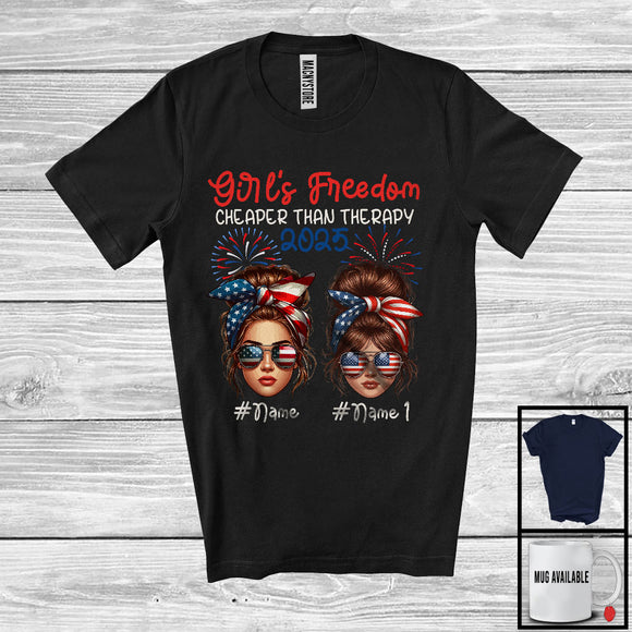MacnyStore - Personalized Custom Name Girl's Freedom Cheaper Than Therapy 2025, Lovely 4th Of July 2 Women Bun Hair T-Shirt
