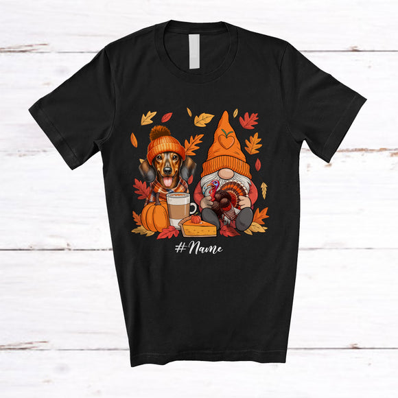 MacnyStore - Personalized Custom Name Gnome With Dachshund; Lovely Thanksgiving Fall Dachshund Owner T-Shirt