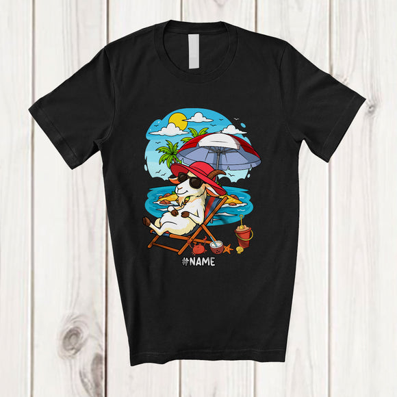 MacnyStore - Personalized Custom Name Goat On Beach; Lovely Summer Vacation Palm Tree; Hawaiian Family T-Shirt