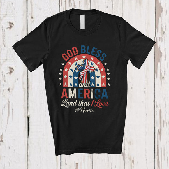 MacnyStore - Personalized Custom Name God Bless America Land; Proud 4th Of July Rainbow Vintage Patriotic T-Shirt