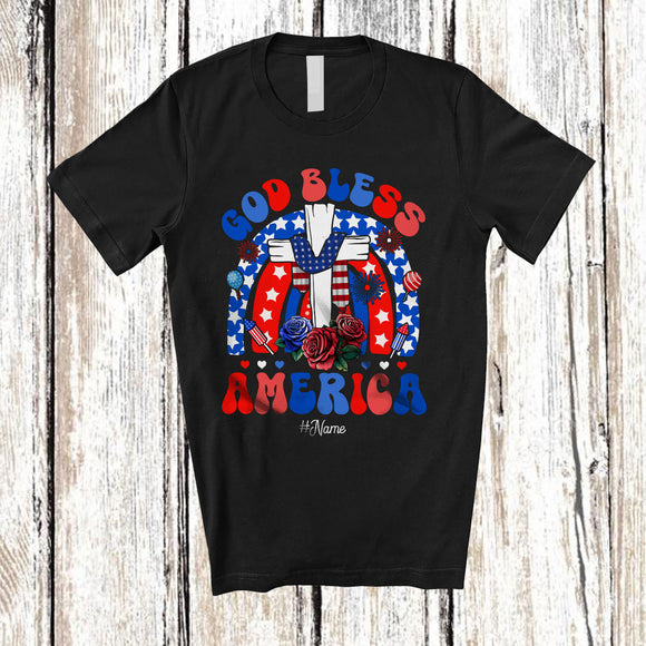MacnyStore - Personalized Custom Name God Bless America; Proud 4th of July Cross Groovy Rainbow Patriotic T-Shirt