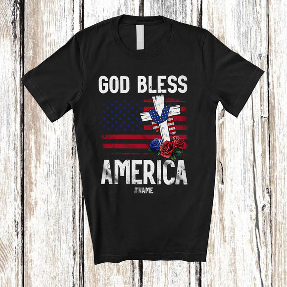 MacnyStore - Personalized Custom Name God Bless America; Proud 4th of July Cross Vintage US Flag Patriotic T-Shirt